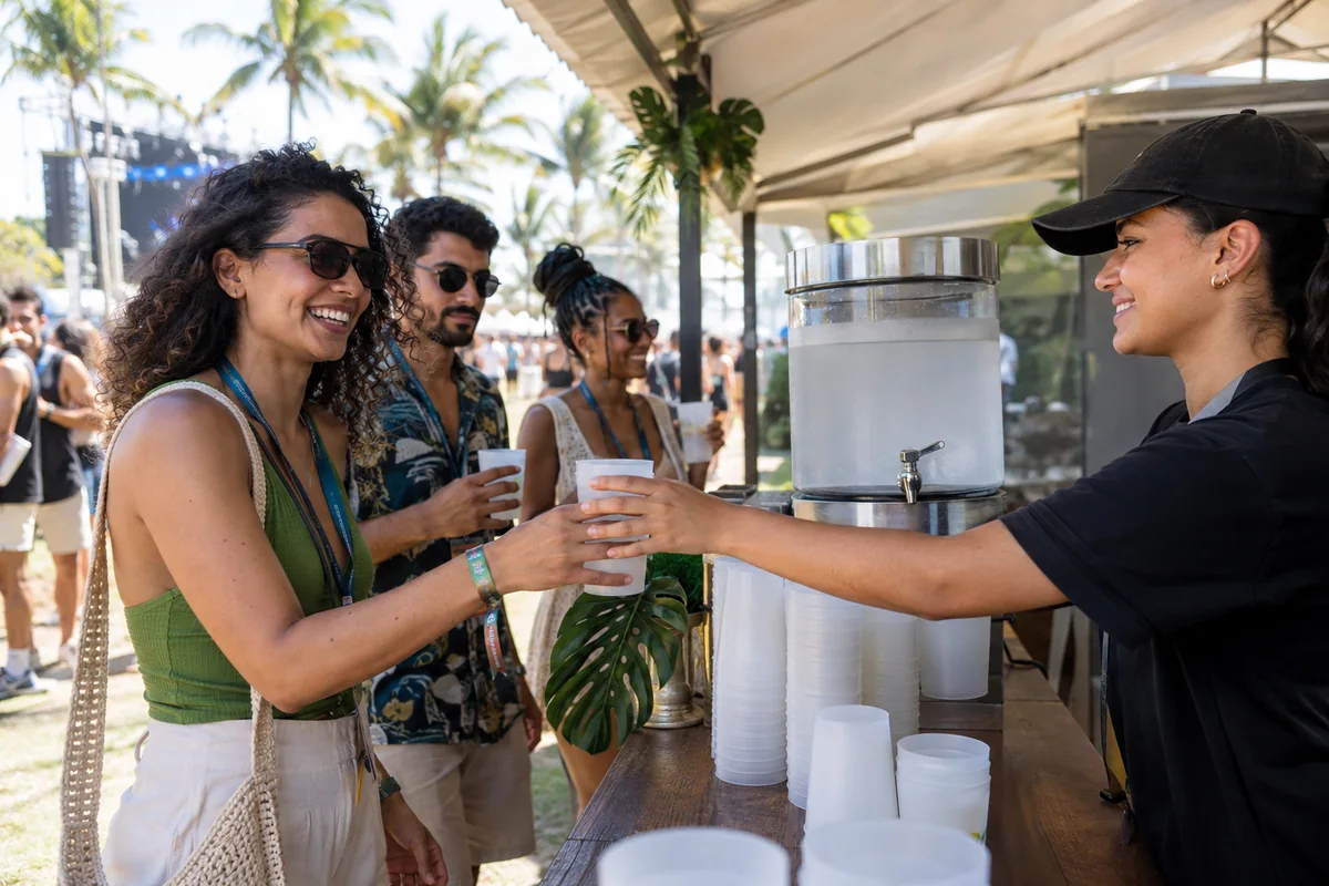 Participantes recebem copos reutilizáveis em ponto de hidratação de festival de verão
