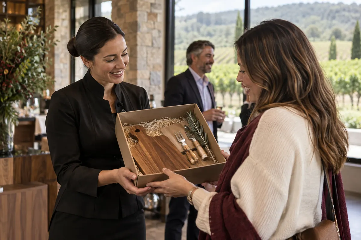 Profissional entrega um kit gastronômico a uma cliente durante evento da Vindima