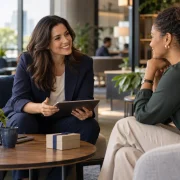 Profissionais conversando sobre relacionamento com clientes em ambiente corporativo