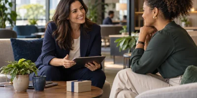 Profissionais conversando sobre relacionamento com clientes em ambiente corporativo