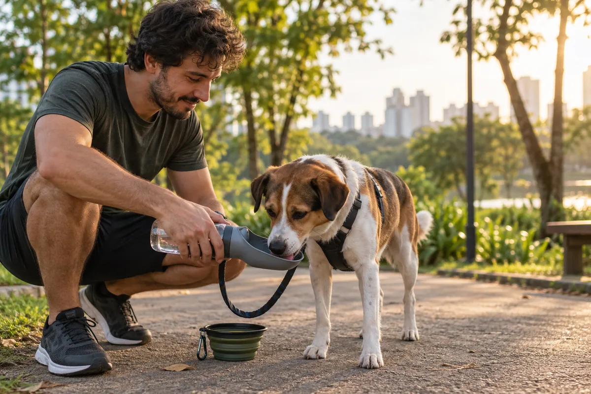 Tutor oferece água a um cão com garrafa bebedouro e tigela retrátil durante passeio no parque