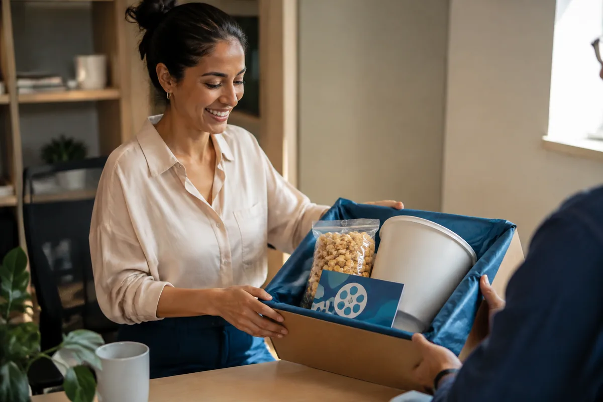 Colaboradora recebe kit cinema corporativo com balde de pipoca
