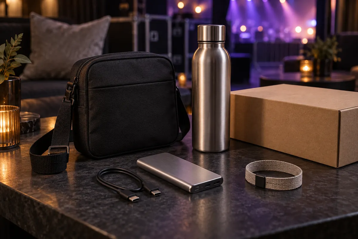 Kit para creators e convidados VIP com bolsa compacta, garrafa e carregador portátil