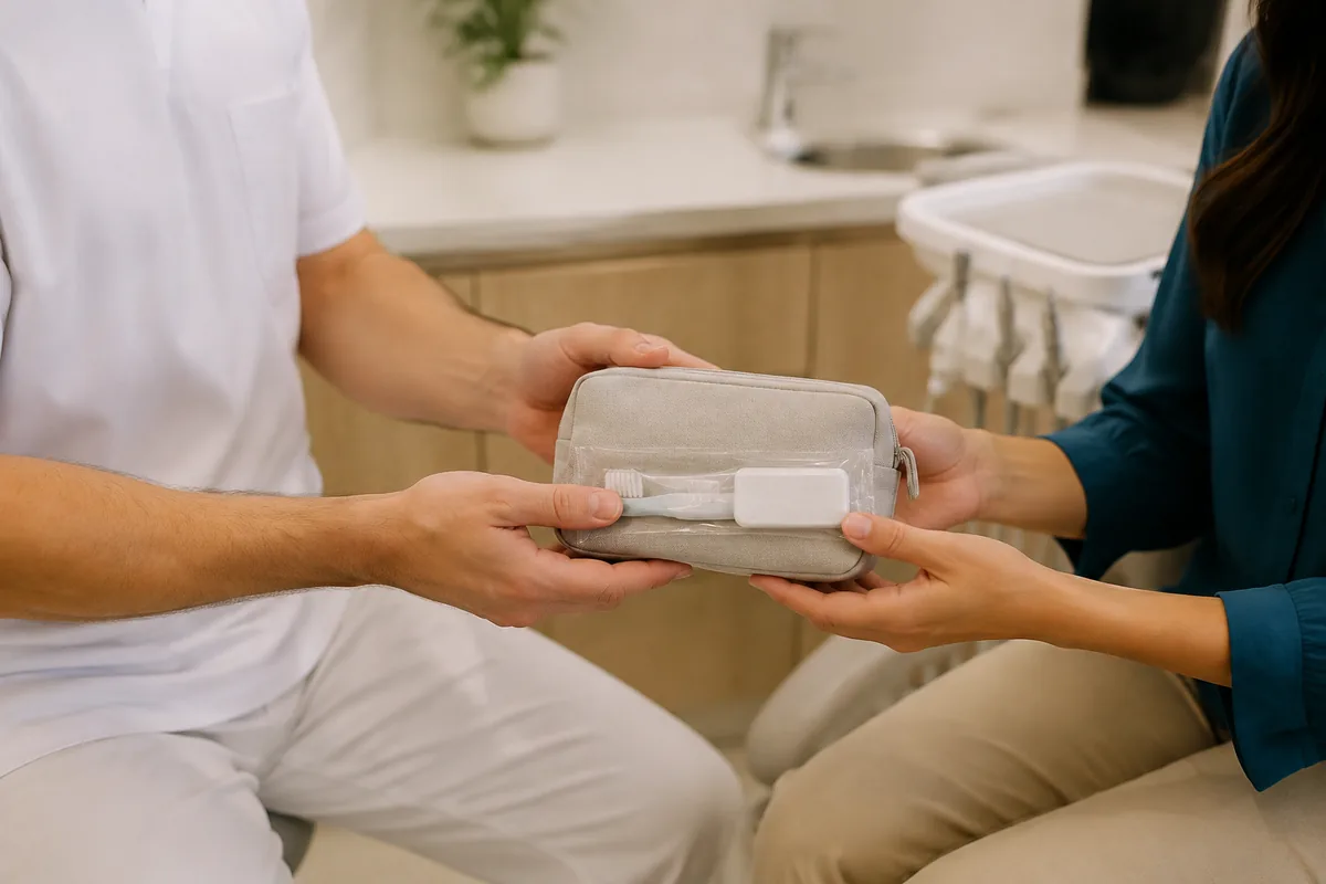 Profissional entrega uma nécessaire com itens de cuidados pessoais a uma paciente em clínica odontológica