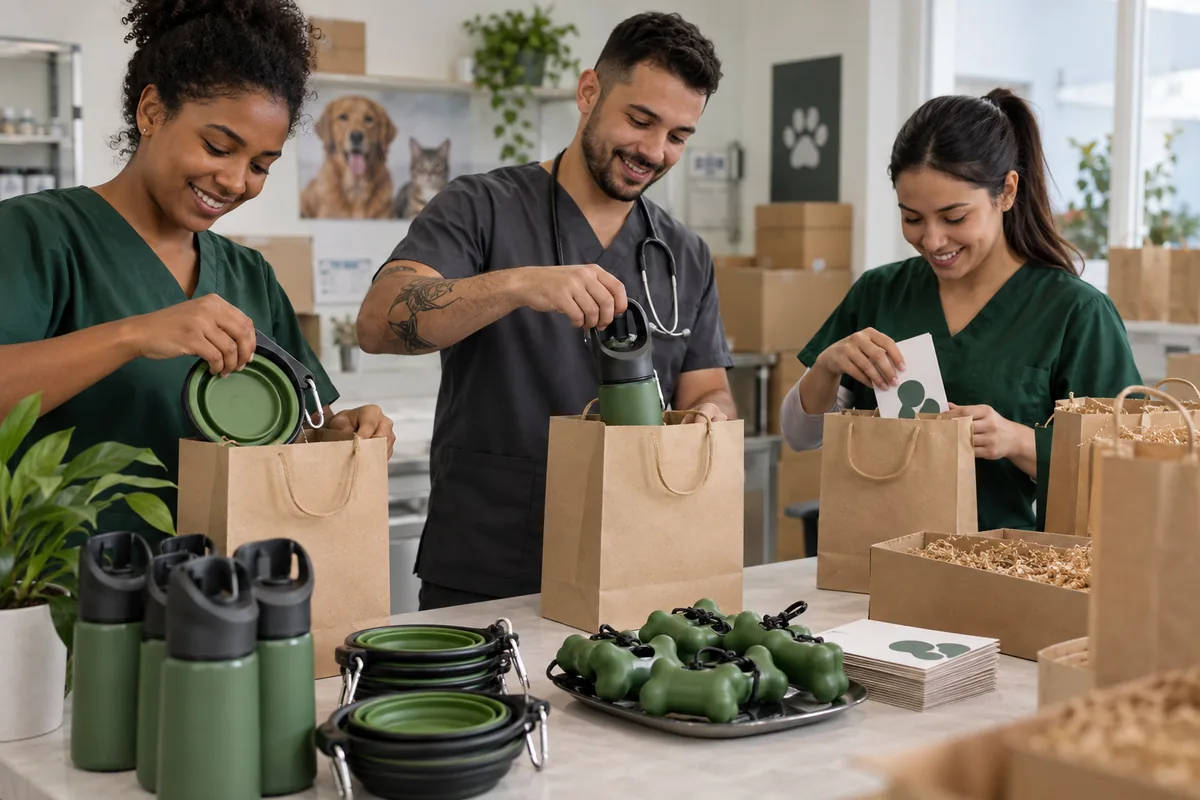 Equipe veterinária organiza garrafas, tigelas retráteis e porta-saquinhos em kits para evento pet