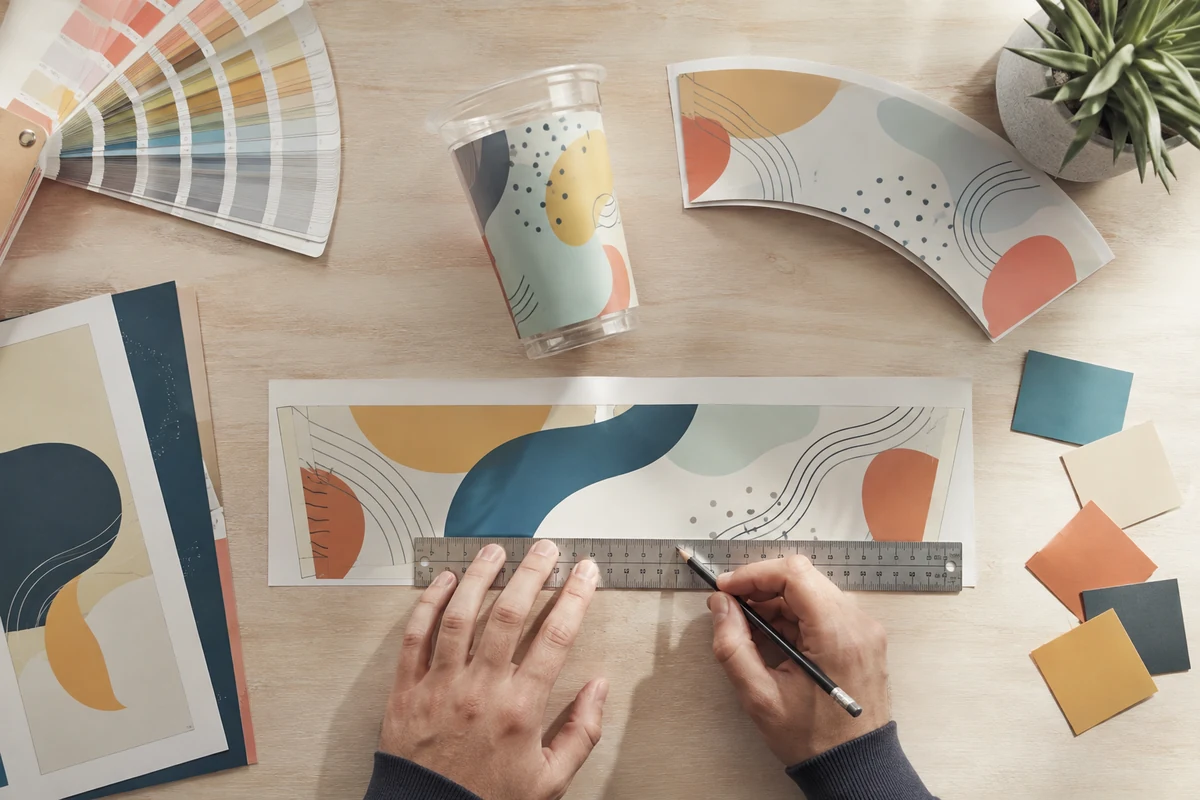 Designer mede uma prova de arte envolvente ao lado de um copo personalizado e amostras de cores