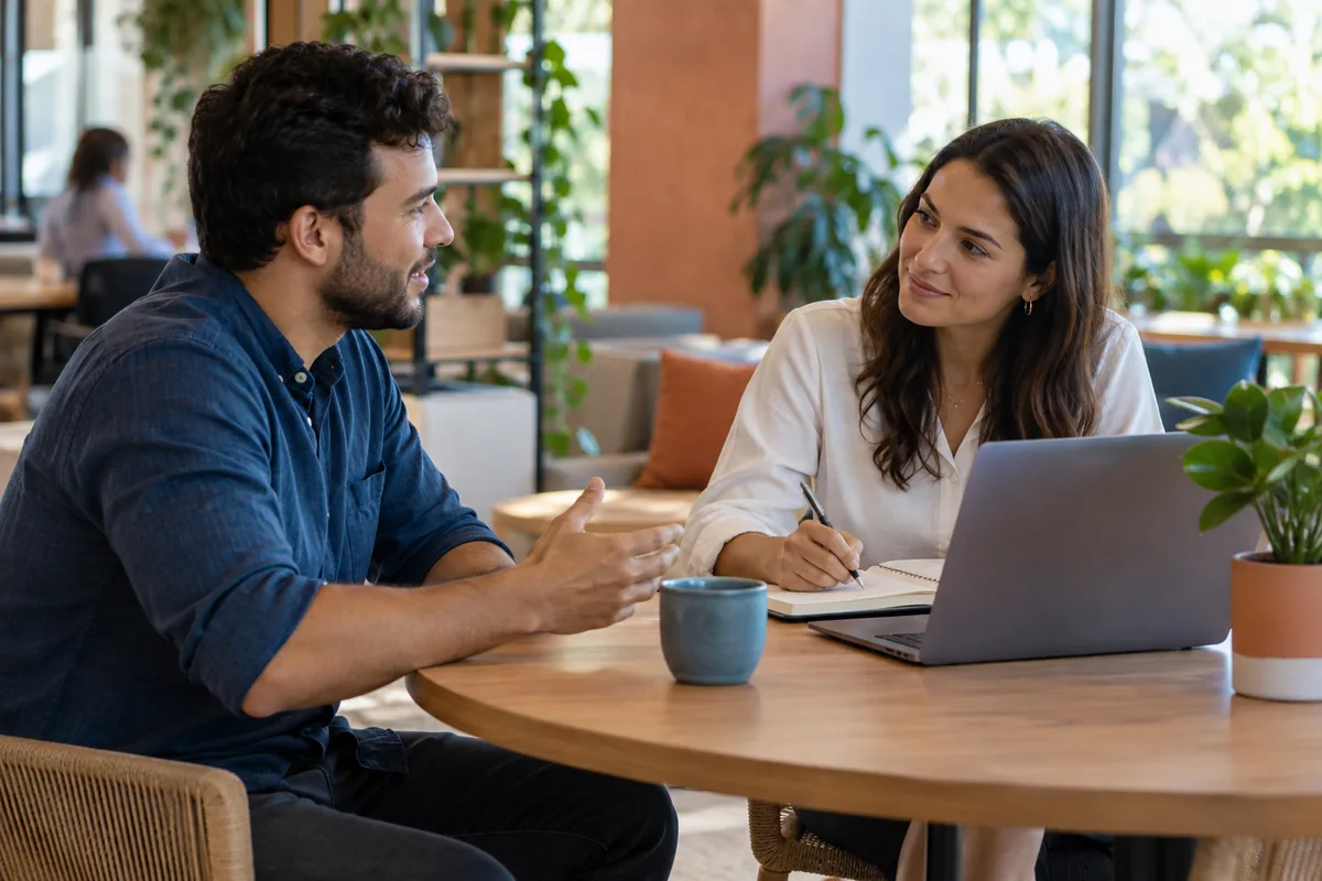 Profissional registra feedback de cliente em uma reunião de acompanhamento pós-venda