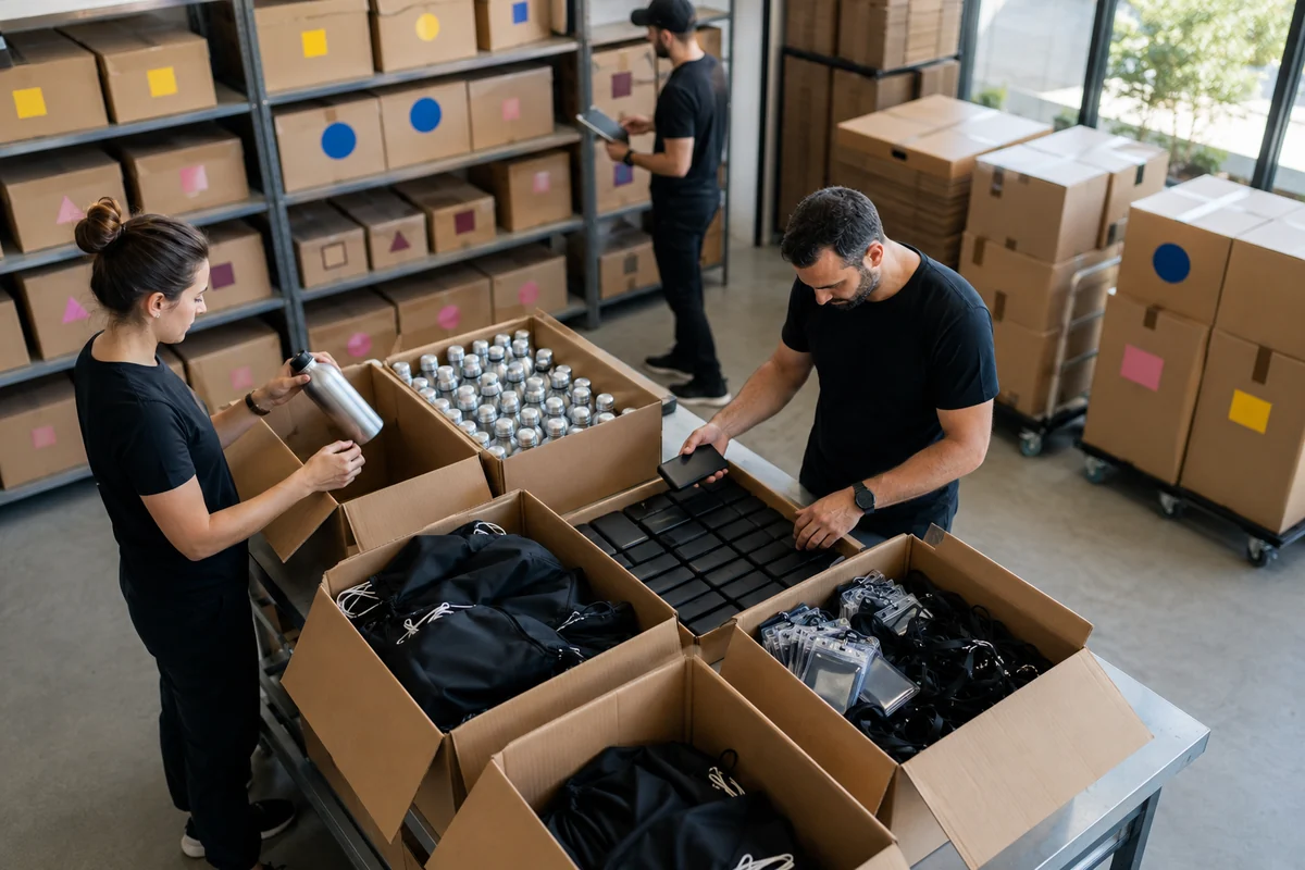 Equipe confere garrafas, power banks e sacolas antes do envio para a CCXP