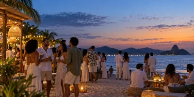 Convidados celebram o Réveillon em uma festa à beira-mar ao anoitecer, com copos reutilizáveis nas mãos.