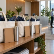 Sacolas de algodão, cadernetas e garrafas organizadas para receber a equipe no escritório.