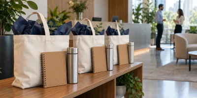 Sacolas de algodão, cadernetas e garrafas organizadas para receber a equipe no escritório.
