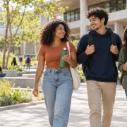 Estudantes caminhando pelo campus com mochila, garrafa reutilizável e caderno