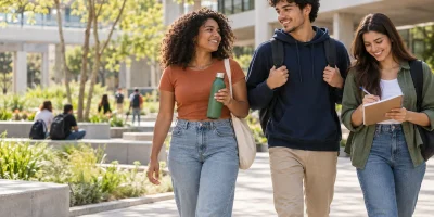 Estudantes caminhando pelo campus com mochila, garrafa reutilizável e caderno