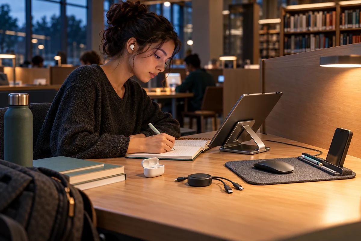 Universitária estudando na biblioteca com tablet, fones e acessórios tecnológicos