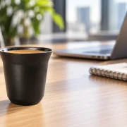 Copo preto de alumínio para café com espresso em mesa de escritório