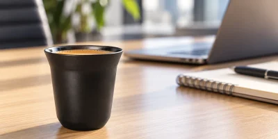Copo preto de alumínio para café com espresso em mesa de escritório