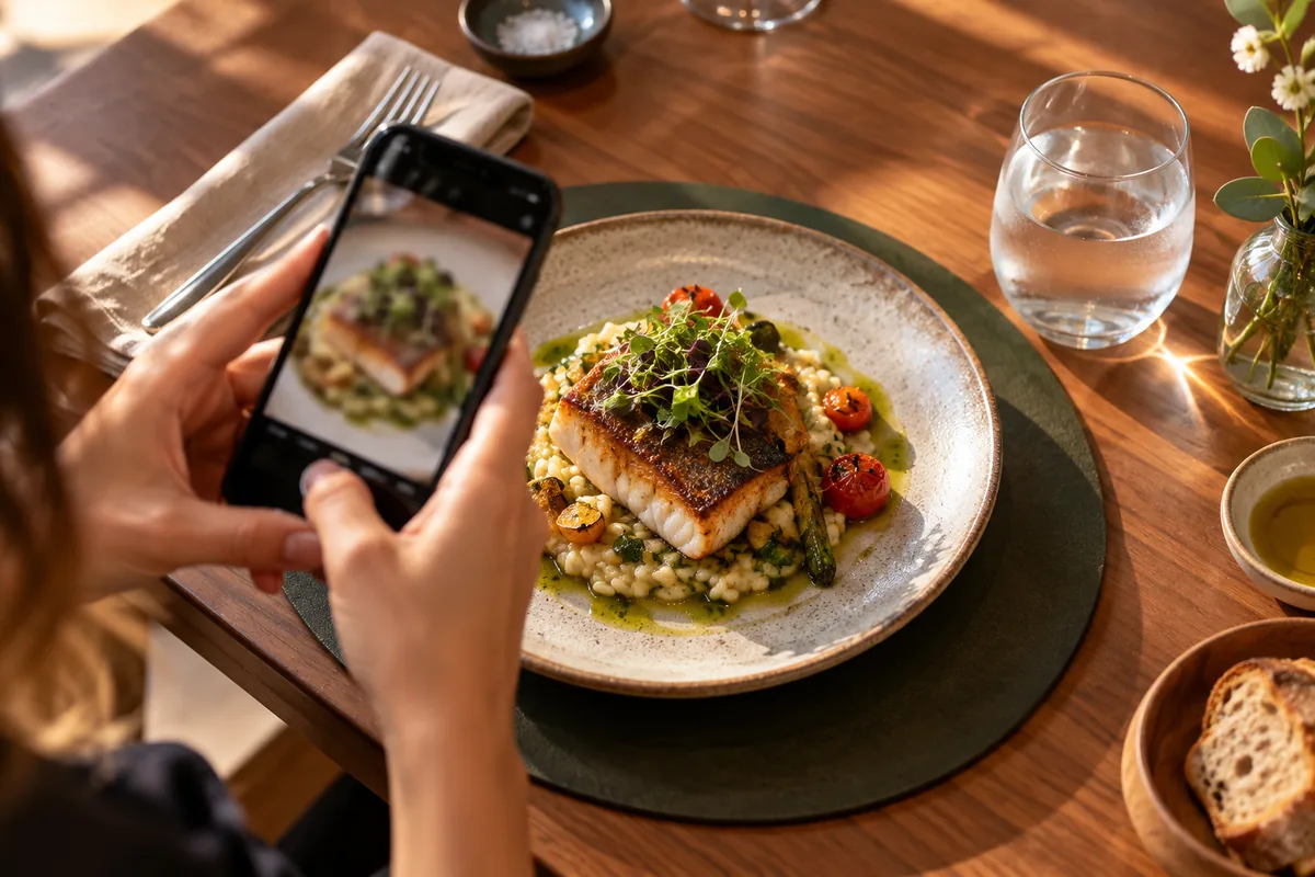 Smartphone fotografando um prato servido com copo de vidro em mesa de restaurante.
