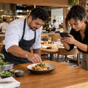 Equipe de restaurante preparando uma foto de prato para publicar no Instagram.