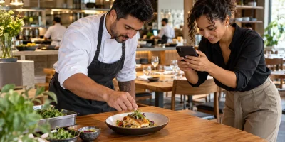 Equipe de restaurante preparando uma foto de prato para publicar no Instagram.