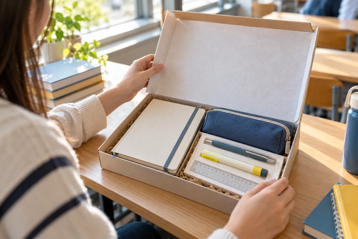 Estudante abrindo kit escolar com caderno, estojo, caneta, marca-texto e régua