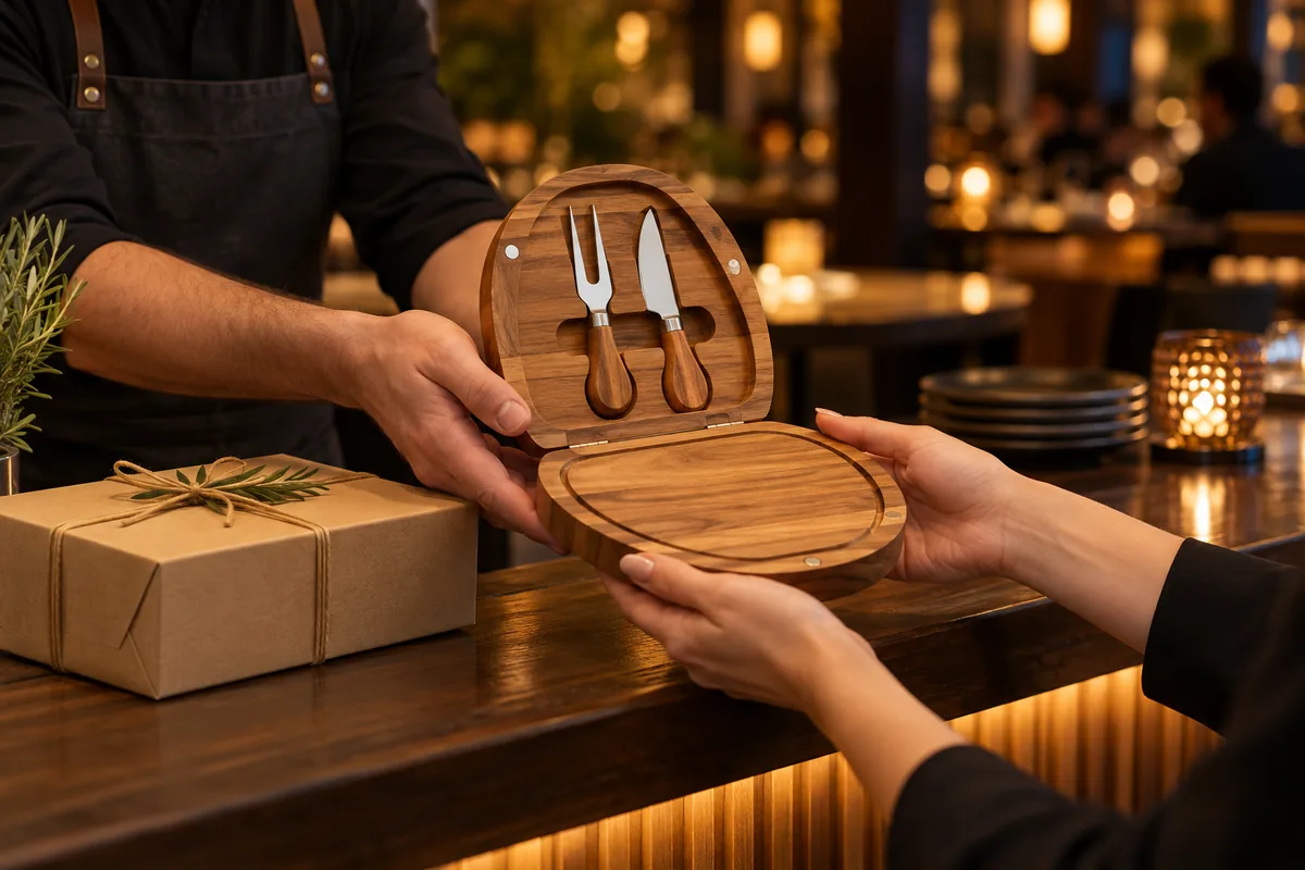 Cliente recebendo um kit gourmet em ação promocional de restaurante.