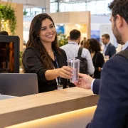 Profissional entrega um copo com tampa e canudo a um participante em um estande de evento.