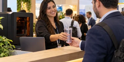 Profissional entrega um copo com tampa e canudo a um participante em um estande de evento.